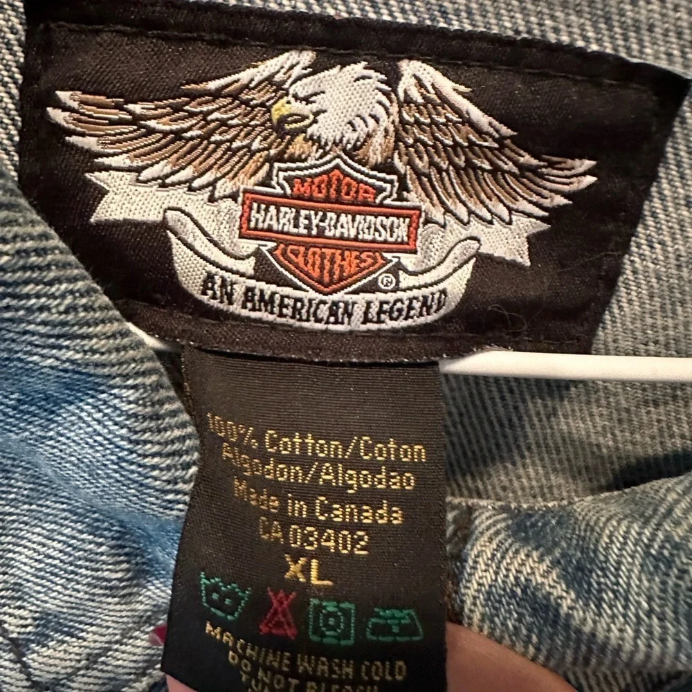 RARE Men's Harley Davidson Moto Waco TX Jean Jacket with Pins Patches Sz XL